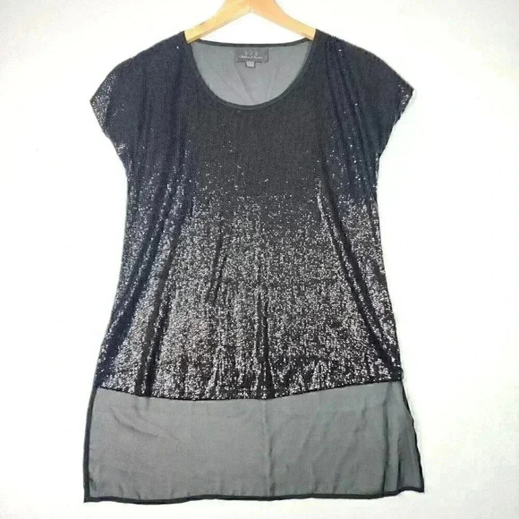 PJK Patterson J Kinkaid Womens Mini Sequined Blouse M Black Sheer Cap Sleeve USA - Picture 1 of 16